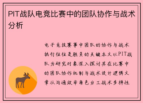 PIT战队电竞比赛中的团队协作与战术分析